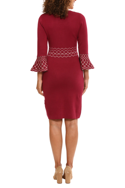 London Times T6585M Fig Metallic Bell Sleeve Sheath Knit Sweater Dress with Geometric Print and Metallic Finish