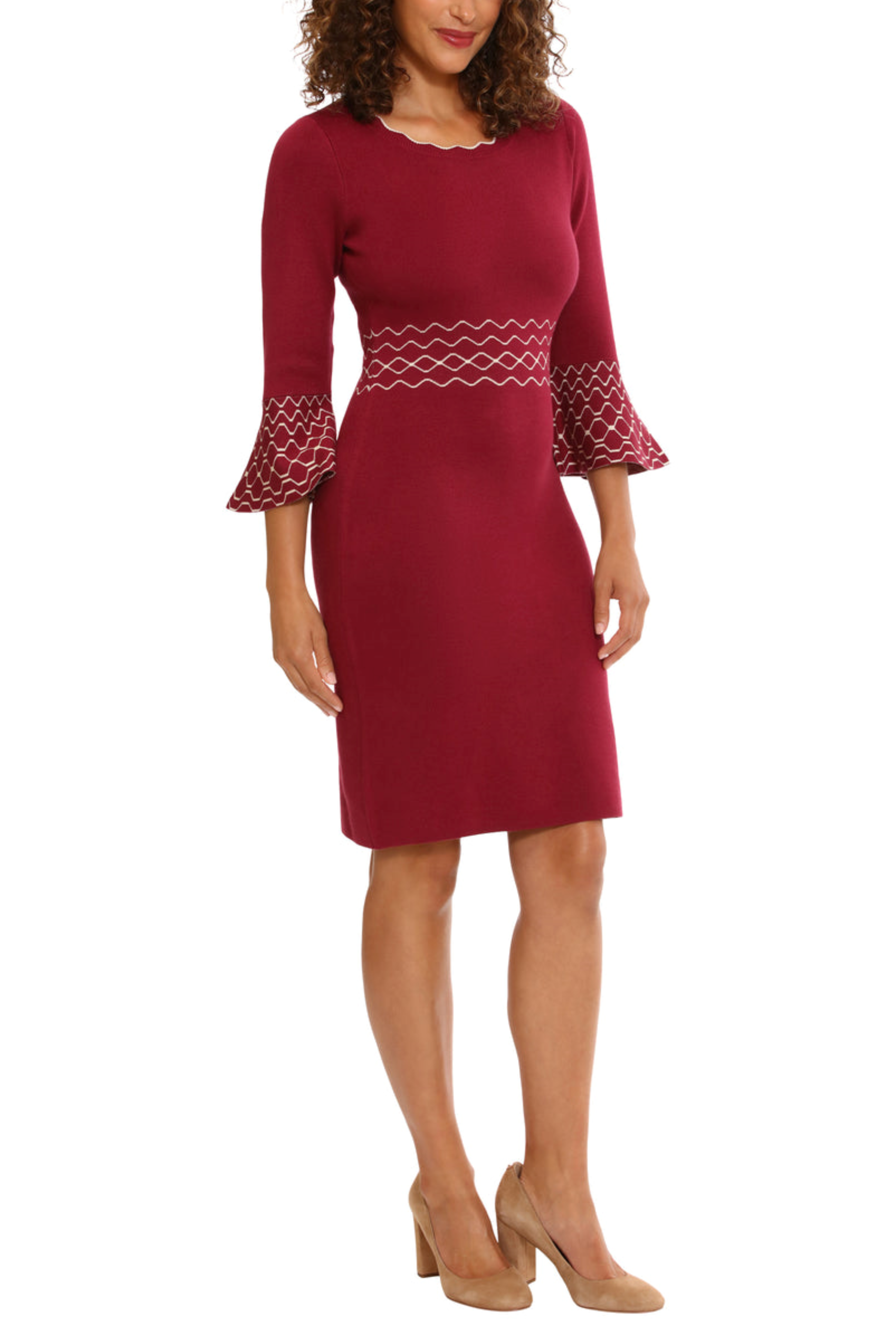 London Times T6585M Fig Metallic Bell Sleeve Sheath Knit Sweater Dress with Geometric Print and Metallic Finish