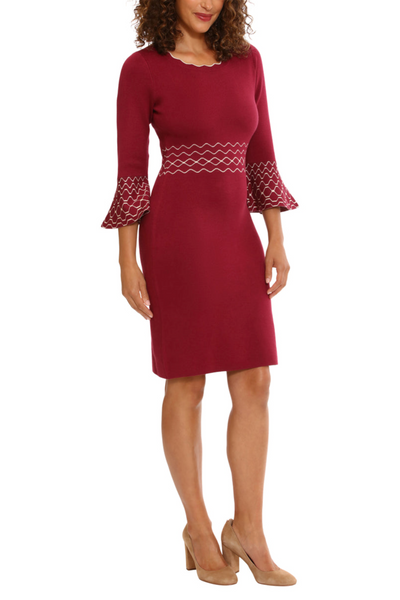 London Times T6585M Fig Metallic Bell Sleeve Sheath Knit Sweater Dress with Geometric Print and Metallic Finish
