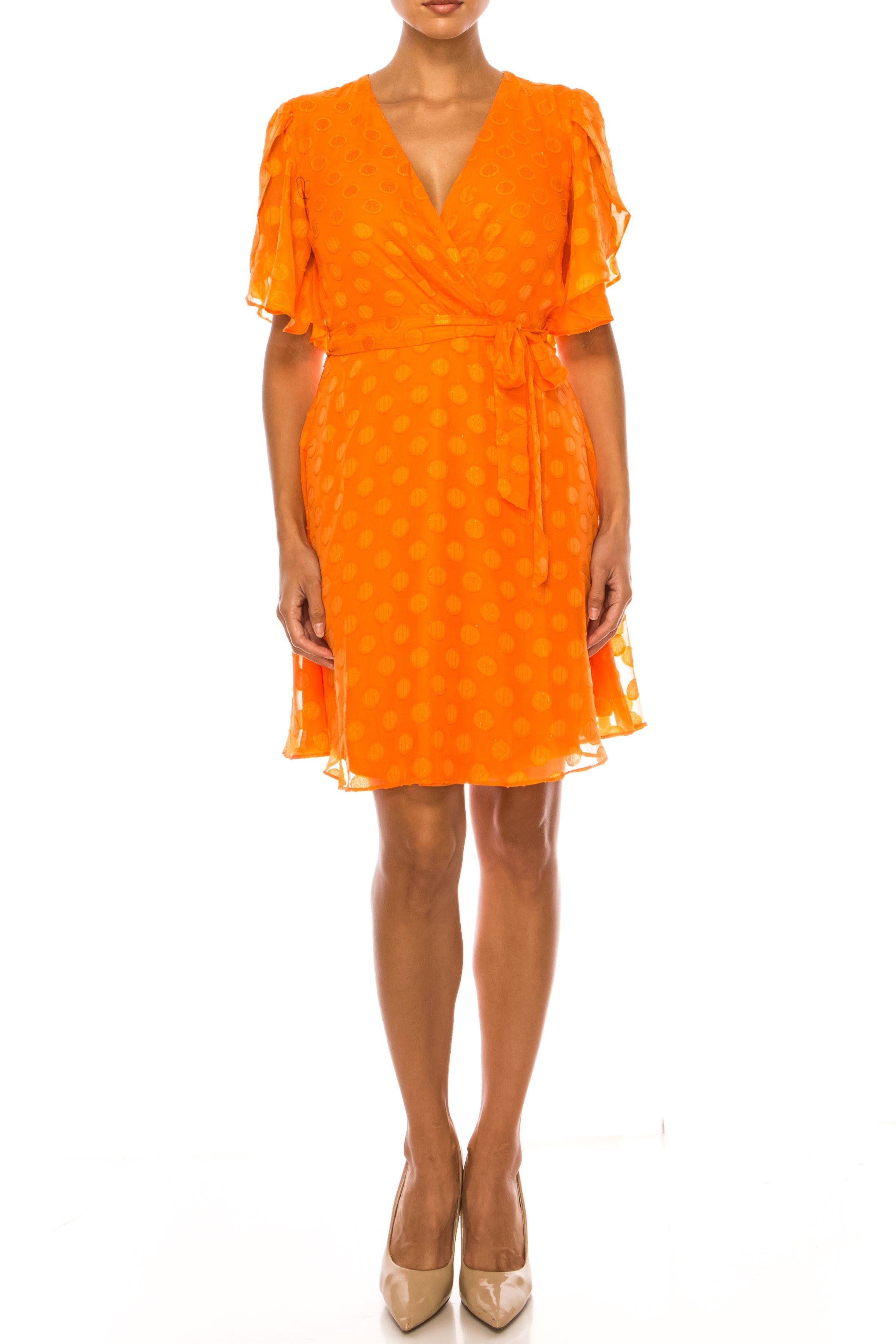 London Times T6687P Coral Dotted Flutter Sleeve Faux Wrap Ruffle-Trim Sleeve Surplice V-Neck A-Line Chiffon Dress with Metallic Finish