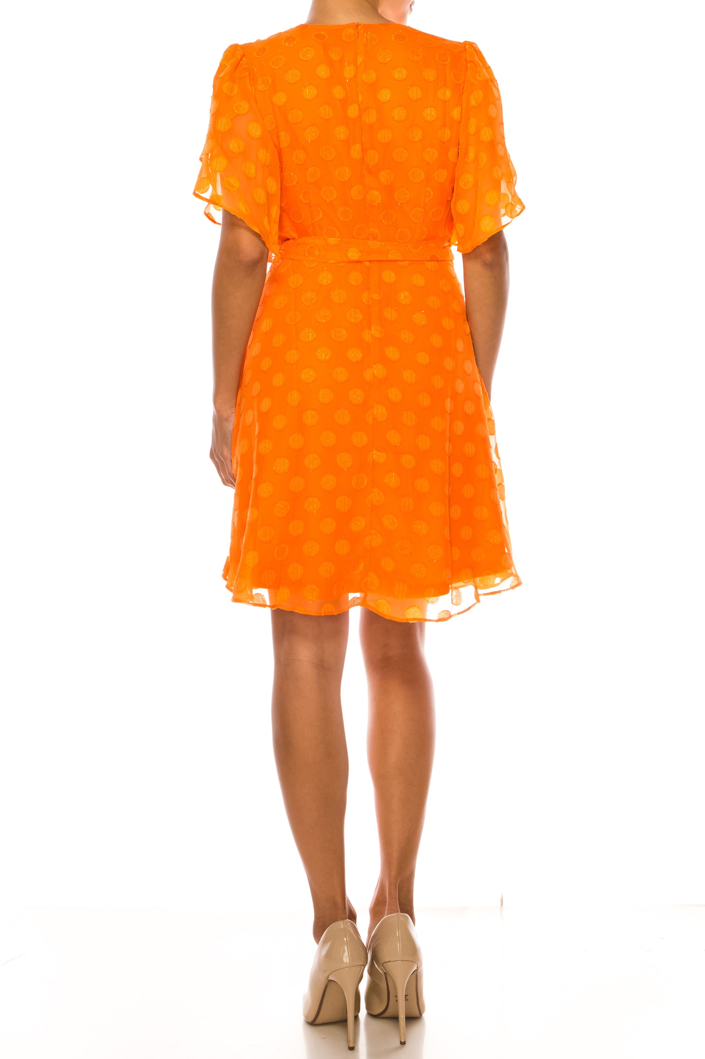 London Times T6687P Coral Dotted Flutter Sleeve Faux Wrap Ruffle-Trim Sleeve Surplice V-Neck A-Line Chiffon Dress with Metallic Finish