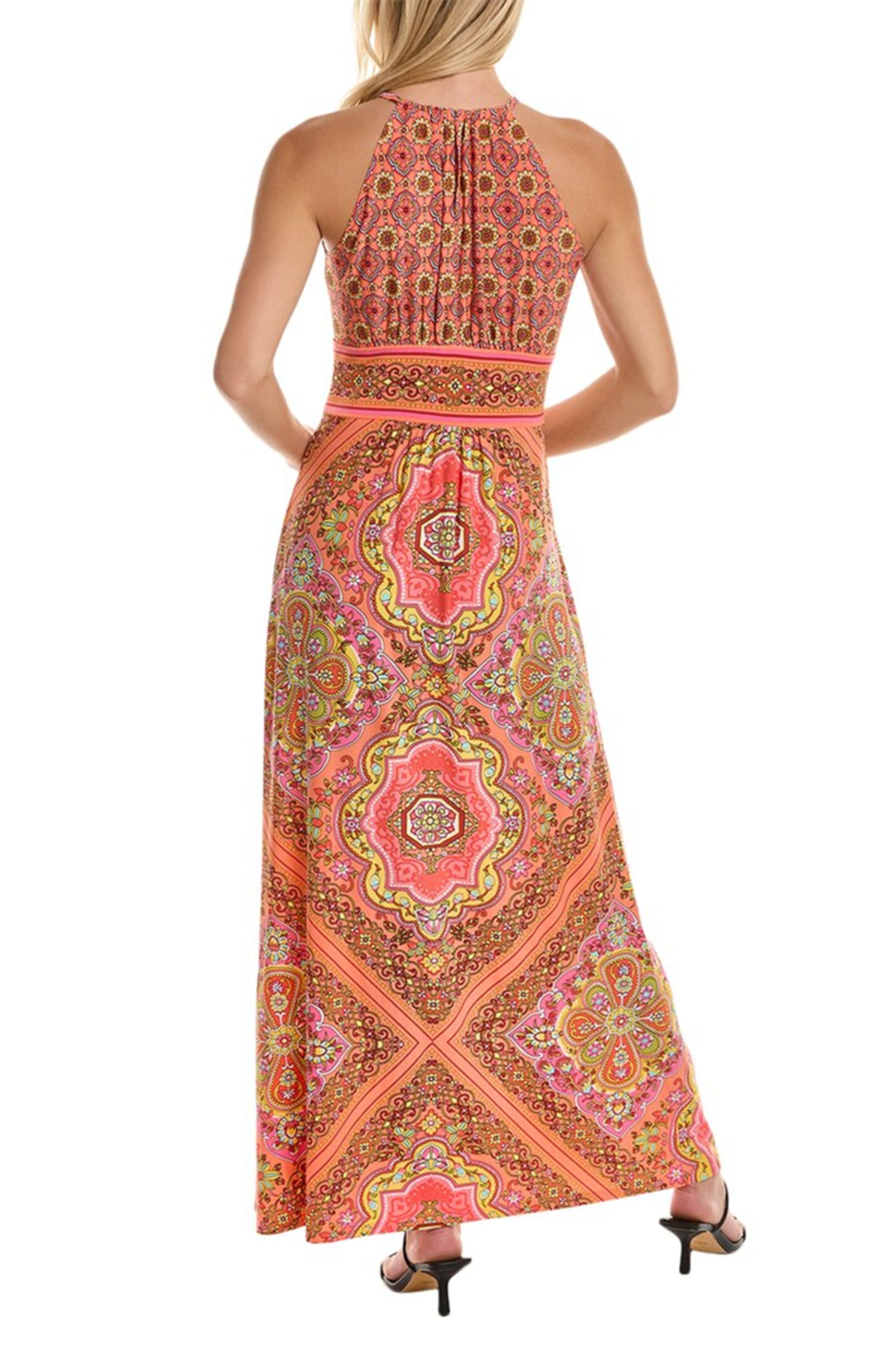 London Times T6714M Melon Pink Medallion Floral Halter Maxi Dress with Halter Neck, Jersey, Floral Print