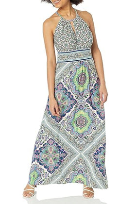 London Times T6714M White Blue Medallion Floral Halter Maxi Dress with Halter Neck, Jersey, Floral Print