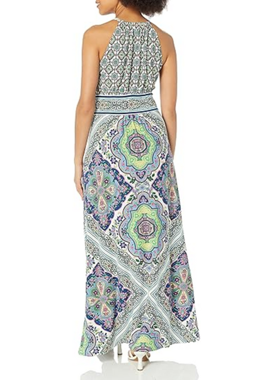 London Times T6714M White Blue Medallion Floral Halter Maxi Dress with Halter Neck, Jersey, Floral Print