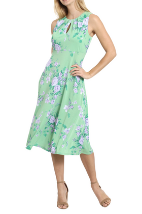 London Times T6724M Green Purple Floral Sleeveless A-Line Midi Dress with Keyhole Neck, Jersey, Floral Print