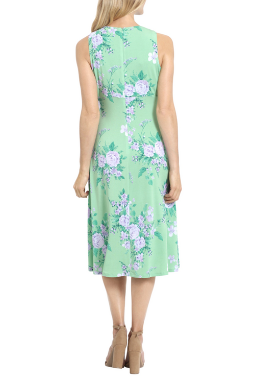 London Times T6724M Green Purple Floral Sleeveless A-Line Midi Dress with Keyhole Neck, Jersey, Floral Print