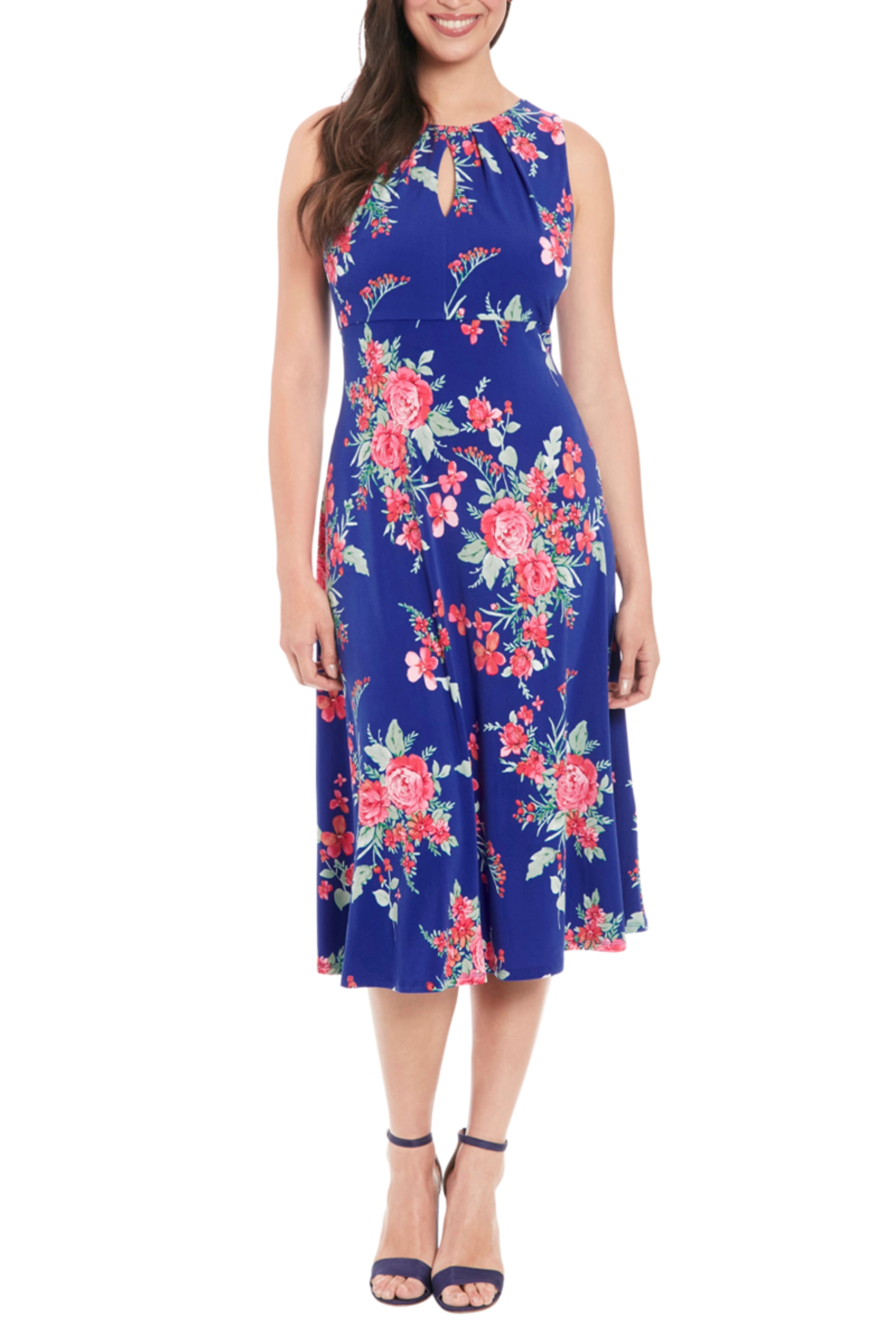women's london times printed midi a-line dress T6724M Navy Pink Floral Sleeveless with Keyhole Neck, Jersey, Floral Print Ebay