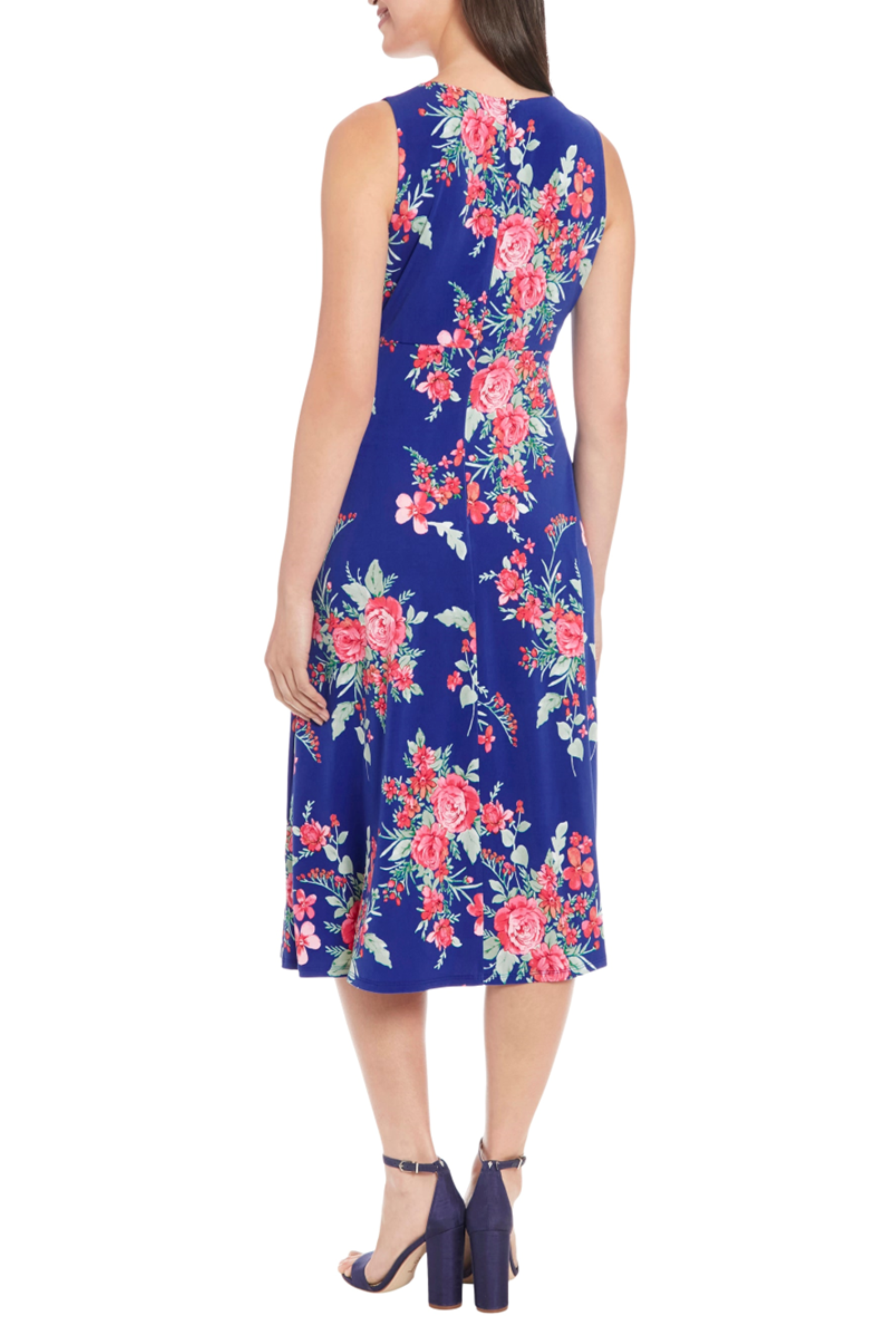 London Times T6724M Navy Pink Floral Sleeveless A-Line Midi Dress with Keyhole Neck, Jersey, Floral Print