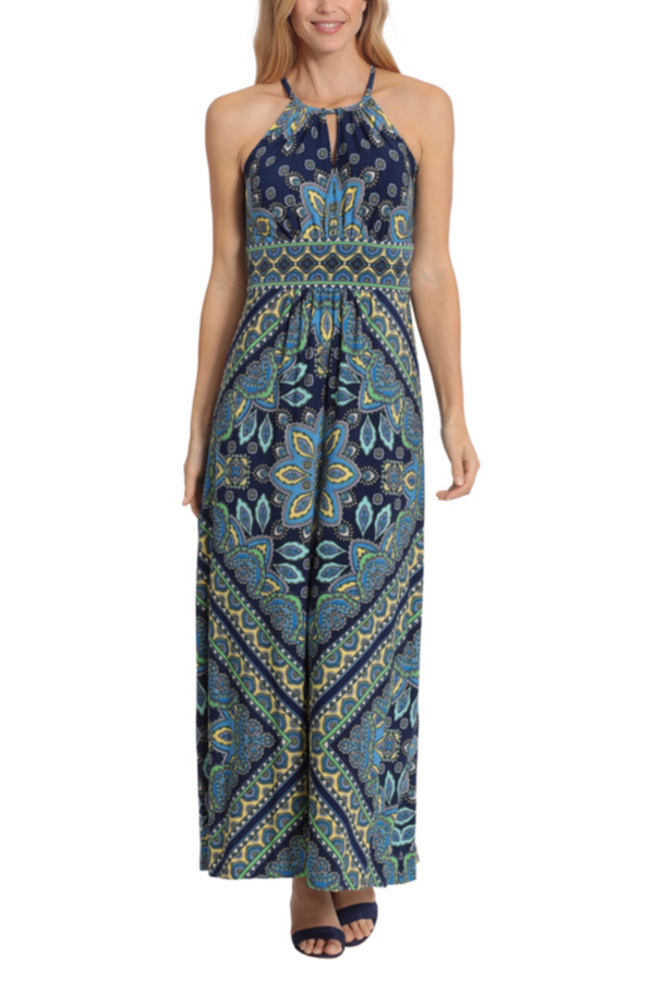 London Times T6735M Navy Blue Medallion Print Halter Maxi Dress with Halter Neck, Jersey, Keyhole Detail