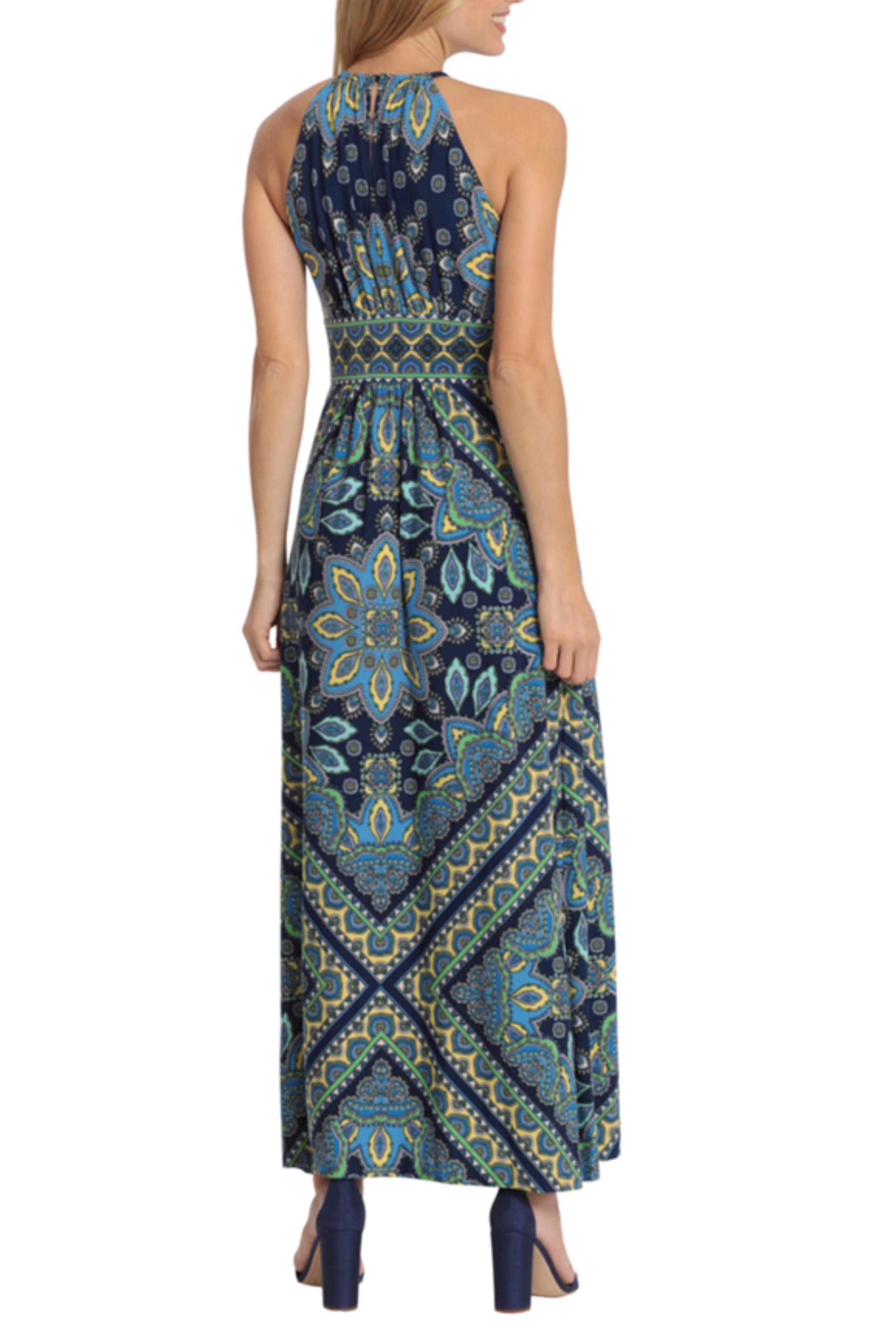 London Times T6735M Navy Blue Medallion Print Halter Maxi Dress with Halter Neck, Jersey, Keyhole Detail