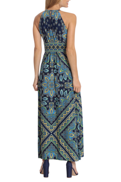 London Times T6735M Navy Blue Medallion Print Halter Maxi Dress with Halter Neck, Jersey, Keyhole Detail