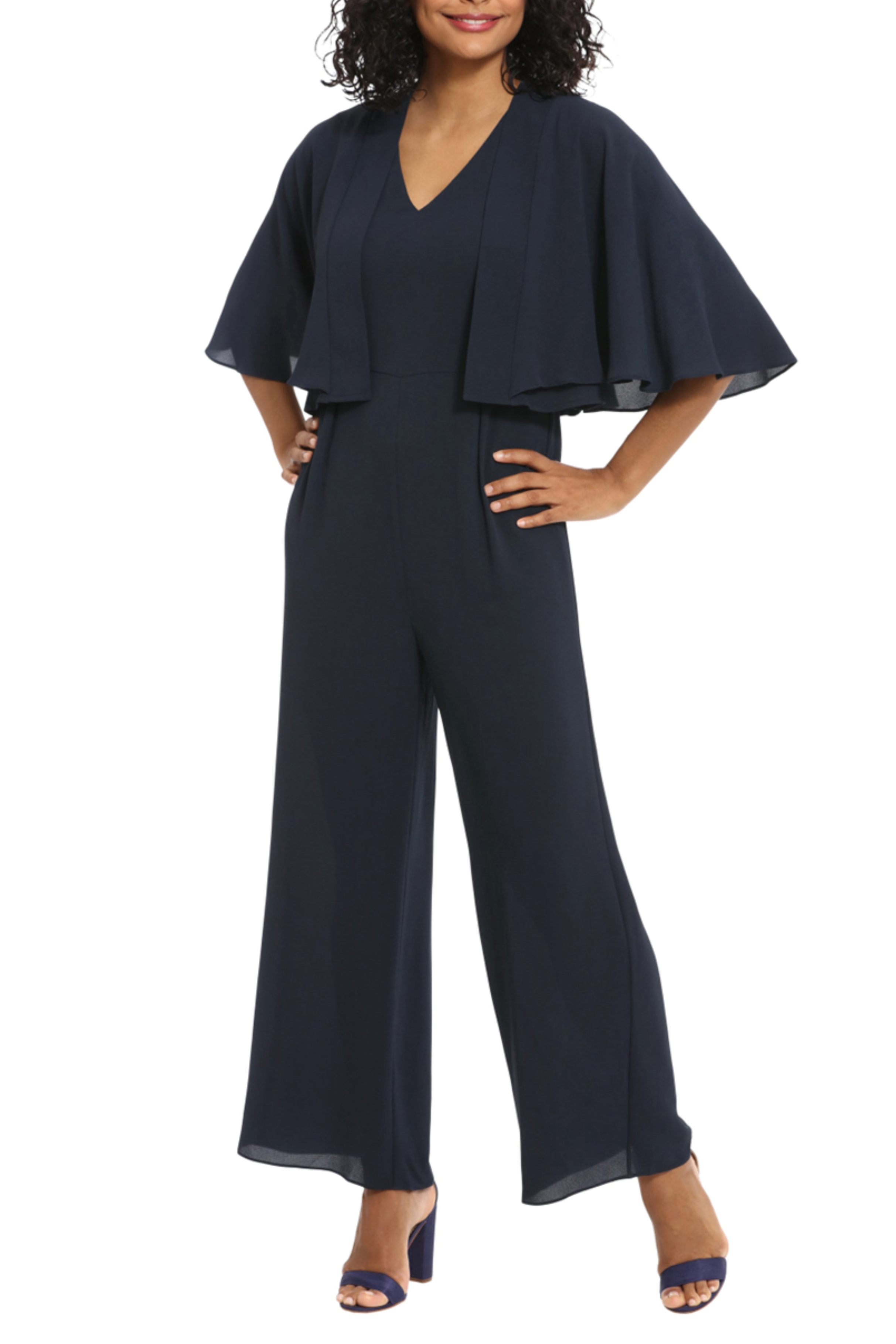 London Times T6840M Navy Capelet Jacket Wide Leg Jumpsuit Set with V-Neck, Sleeveless