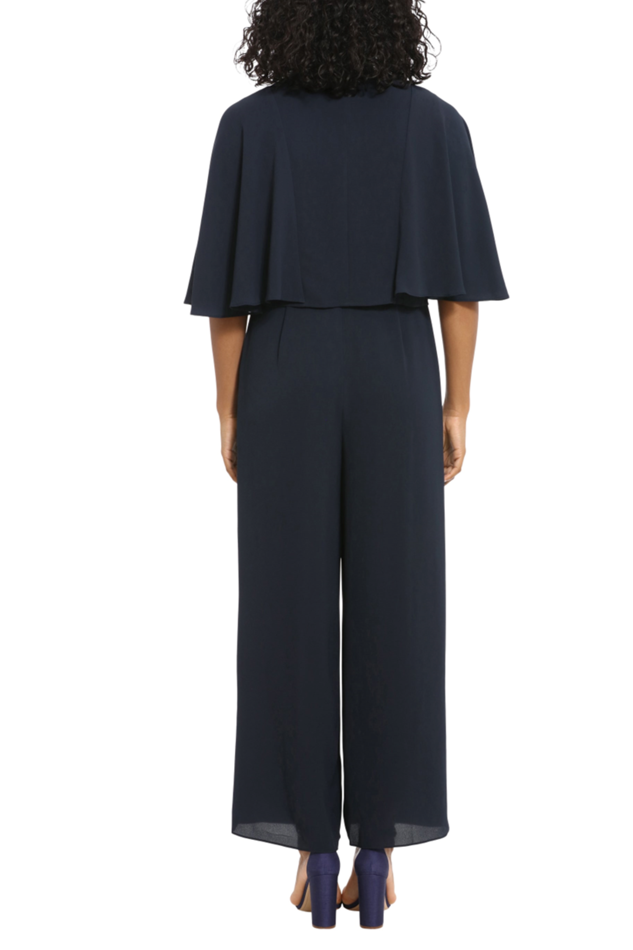 London Times T6840M Navy Capelet Jacket Wide Leg Jumpsuit Set with V-Neck, Sleeveless