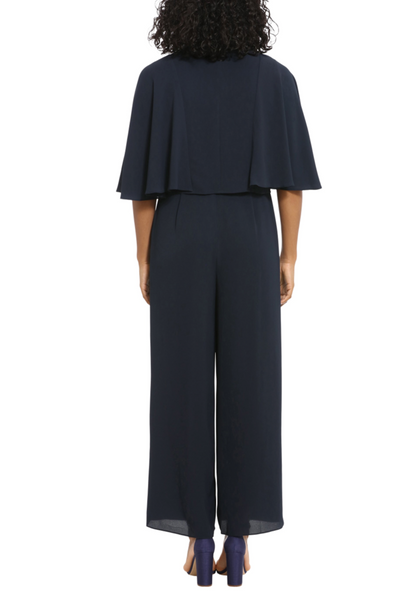 London Times T6840M Navy Capelet Jacket Wide Leg Jumpsuit Set with V-Neck, Sleeveless