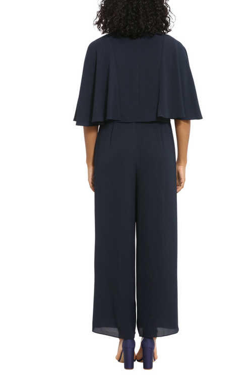 London Times T6840M Navy Capelet Jacket Wide Leg Jumpsuit Set with V-Neck, Sleeveless
