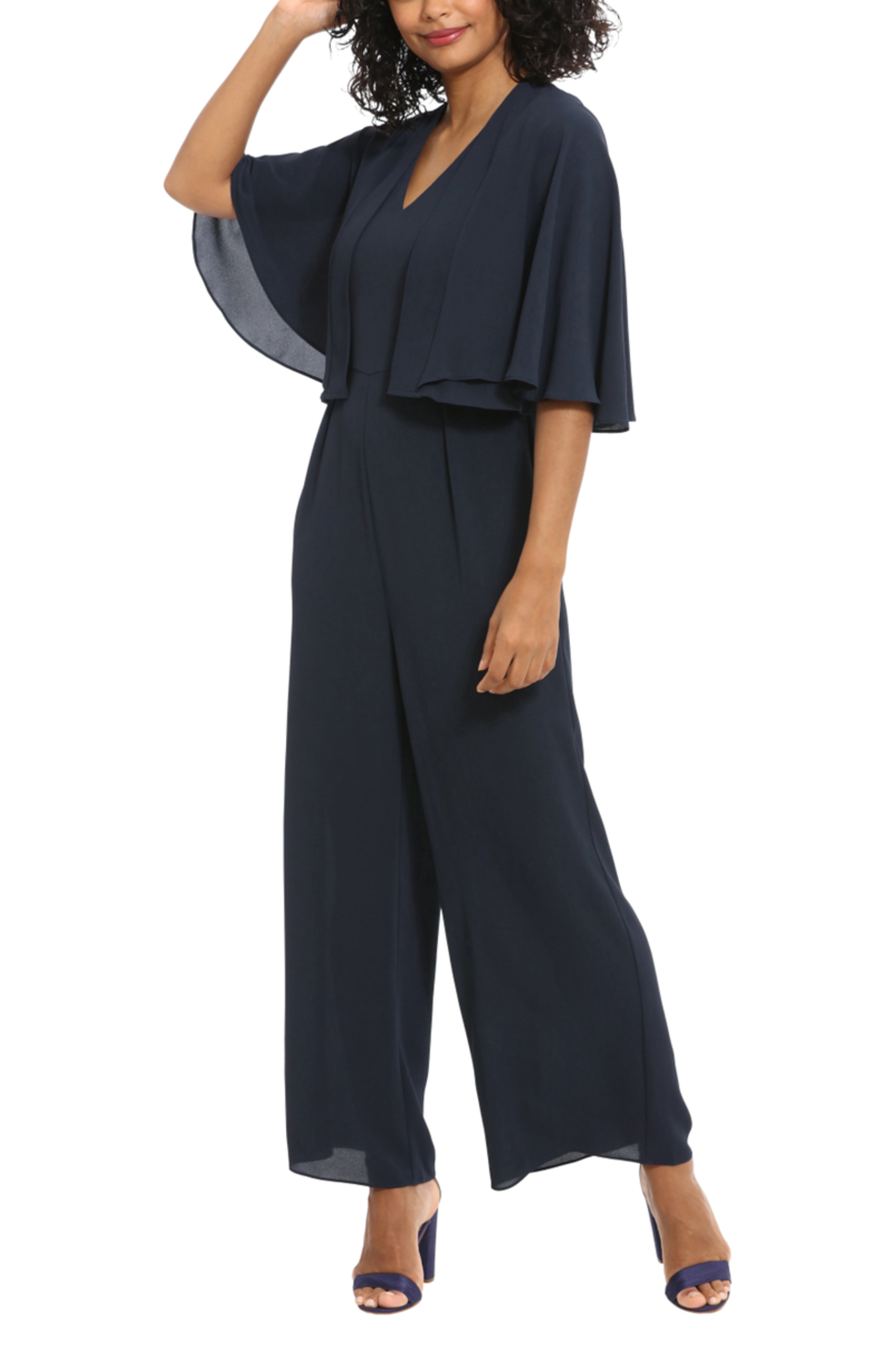 London Times T6840M Navy Capelet Jacket Wide Leg Jumpsuit Set with V-Neck, Sleeveless