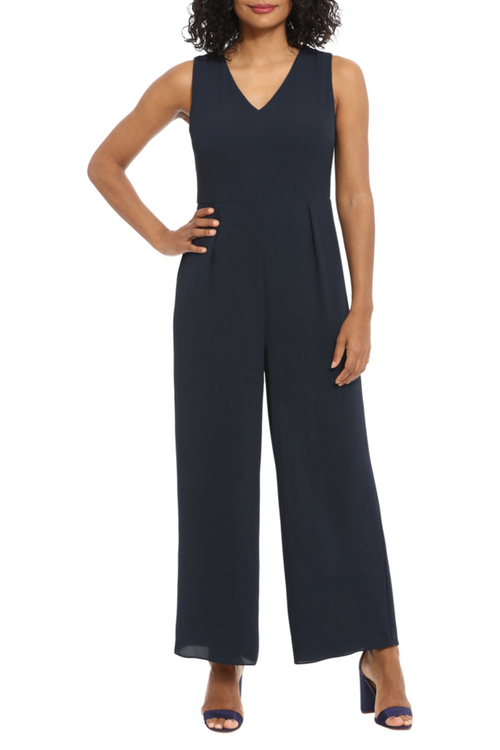 London Times T6840M Navy Capelet Jacket Wide Leg Jumpsuit Set with V-Neck, Sleeveless