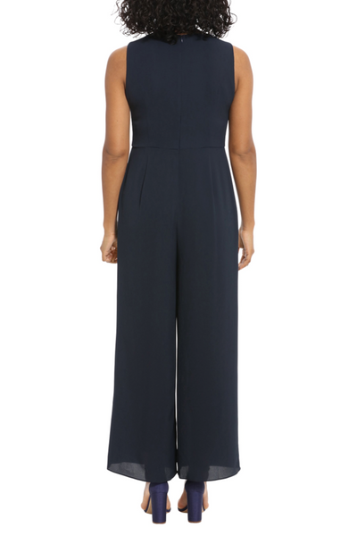London Times T6840M Navy Capelet Jacket Wide Leg Jumpsuit Set with V-Neck, Sleeveless