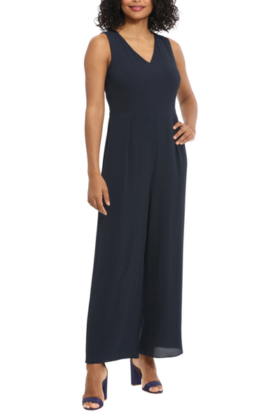 London Times T6840M Navy Capelet Jacket Wide Leg Jumpsuit Set with V-Neck, Sleeveless
