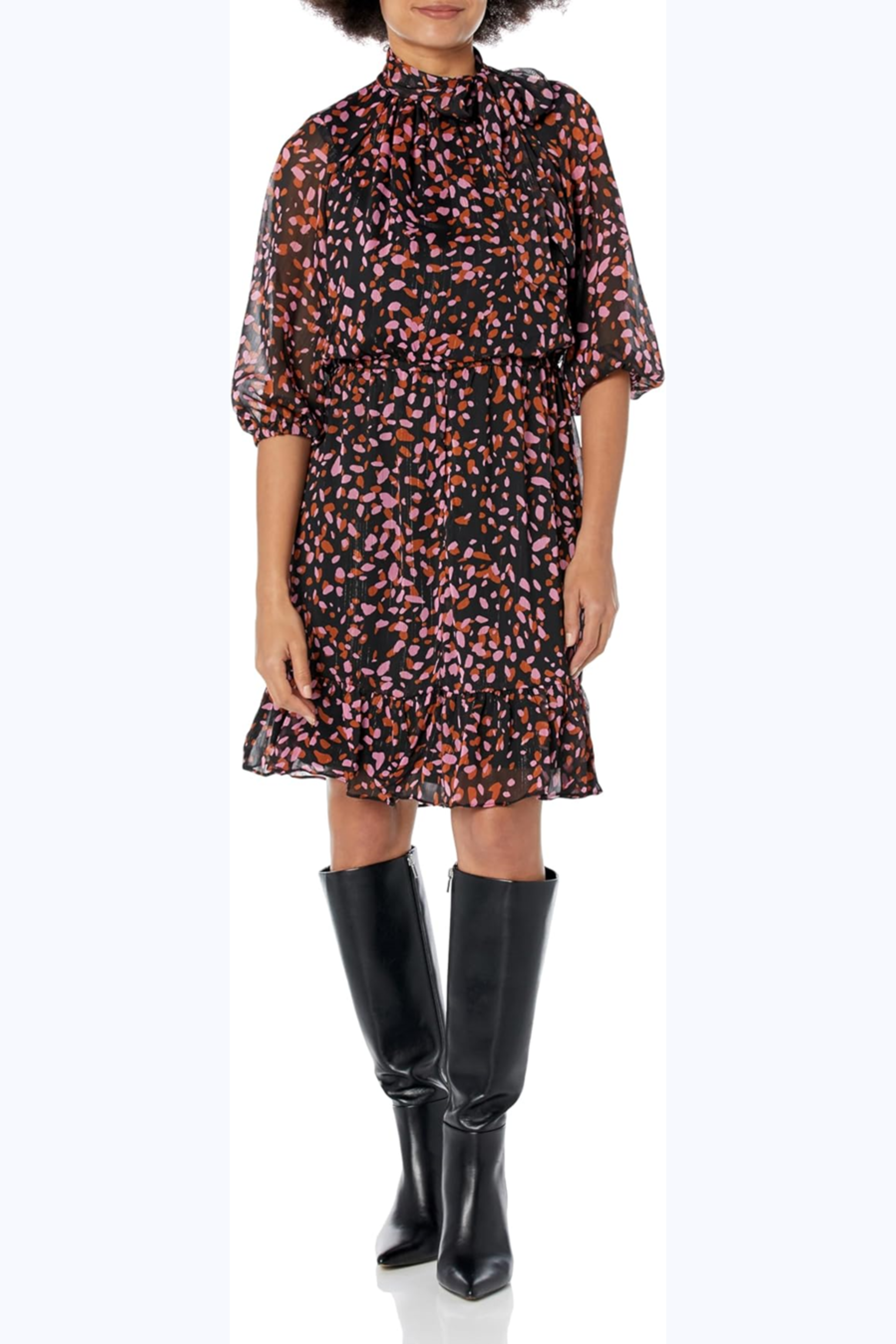 London Times T7014M Black Pink Tie Neck 3/4 Sleeve Blouson Dress with Chiffon, Abstract Print