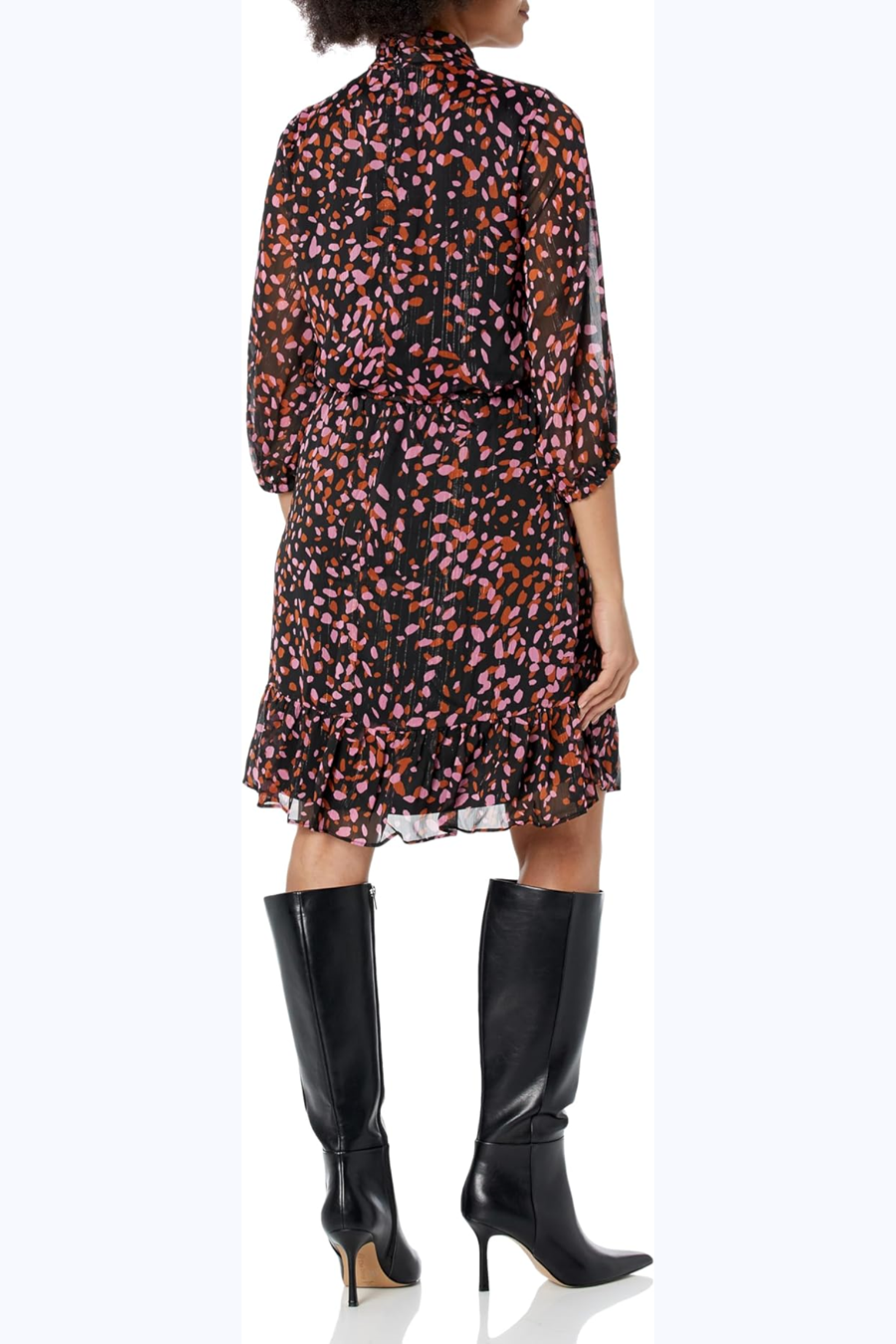 London Times T7014M Black Pink Tie Neck 3/4 Sleeve Blouson Dress with Chiffon, Abstract Print