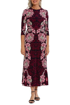 London Times T7026M Pink 3/4 Sleeve Printed A-Line Maxi Dress with Jewel Neck, Jersey