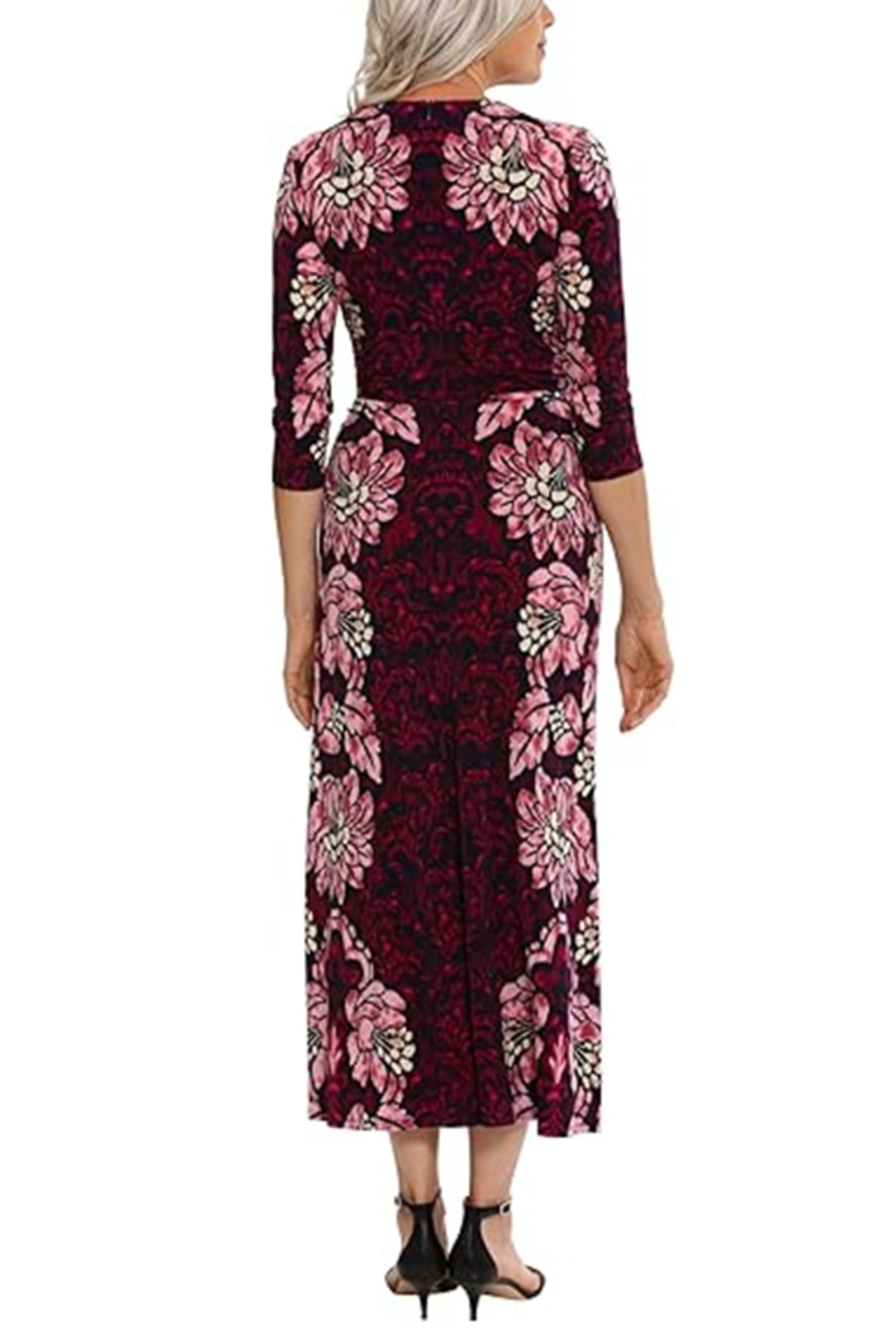 London Times T7026M Pink 3/4 Sleeve Printed A-Line Maxi Dress with Jewel Neck, Jersey