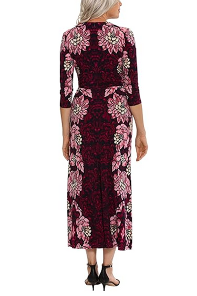 London Times T7026M Pink 3/4 Sleeve Printed A-Line Maxi Dress with Jewel Neck, Jersey