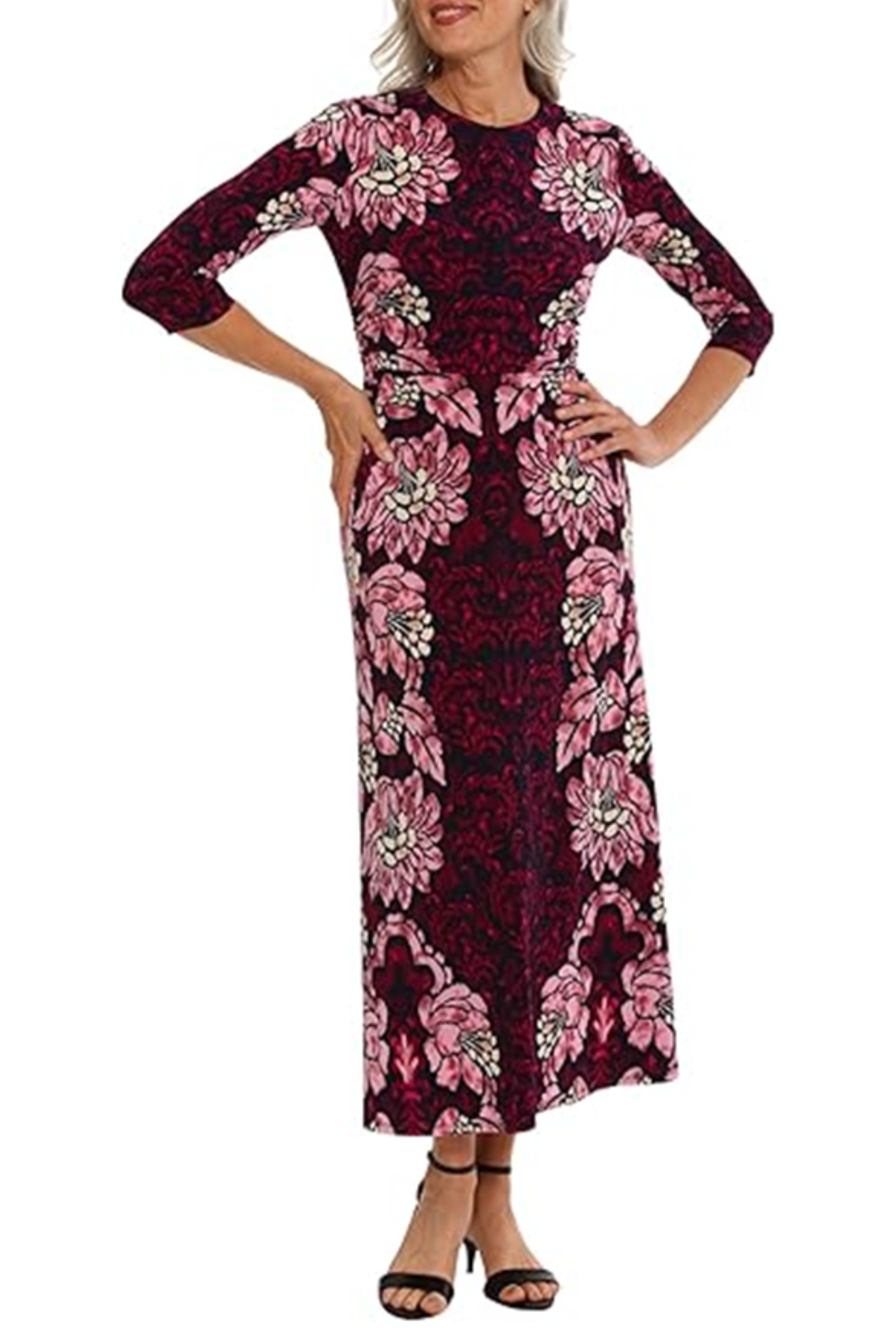 London Times T7026M Pink 3/4 Sleeve Printed A-Line Maxi Dress with Jewel Neck, Jersey