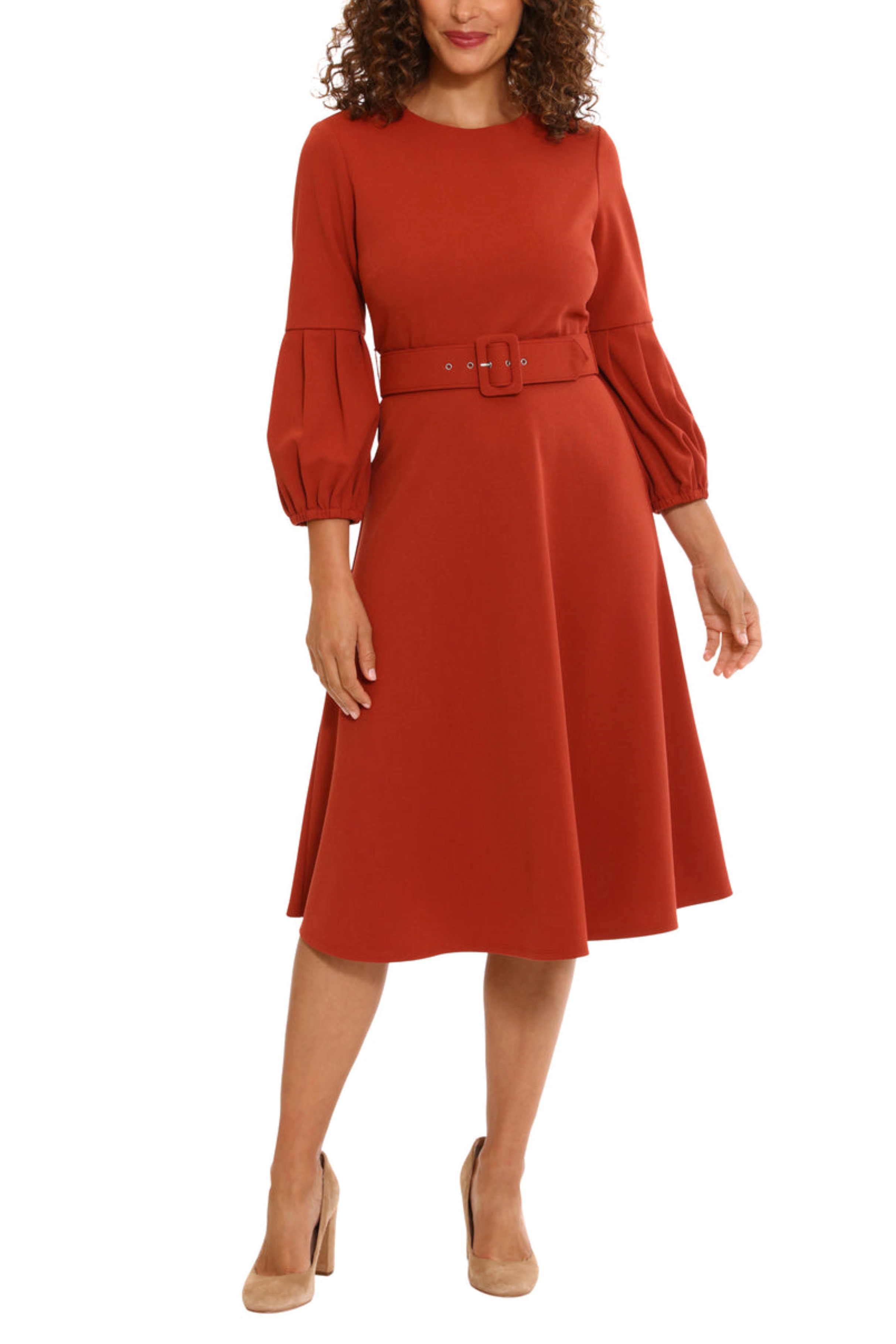 London Times T7034M 3/4 Pleated Sleeve Belted Dress with Jewel Neck, Scuba Crepe, A-Line