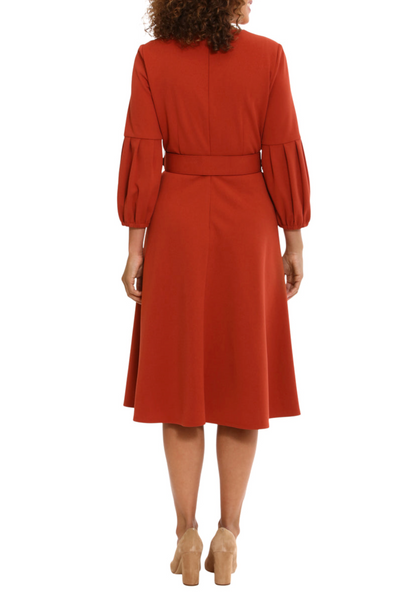 London Times T7034M 3/4 Pleated Sleeve Belted Dress with Jewel Neck, Scuba Crepe, A-Line