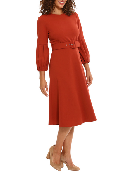 London Times T7034M 3/4 Pleated Sleeve Belted Dress with Jewel Neck, Scuba Crepe, A-Line