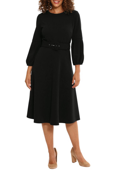 London Times T7034M 3/4 Pleated Sleeve Belted Dress with Jewel Neck, Scuba Crepe, A-Line
