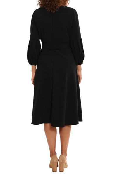 London Times T7034M 3/4 Pleated Sleeve Belted Dress with Jewel Neck, Scuba Crepe, A-Line