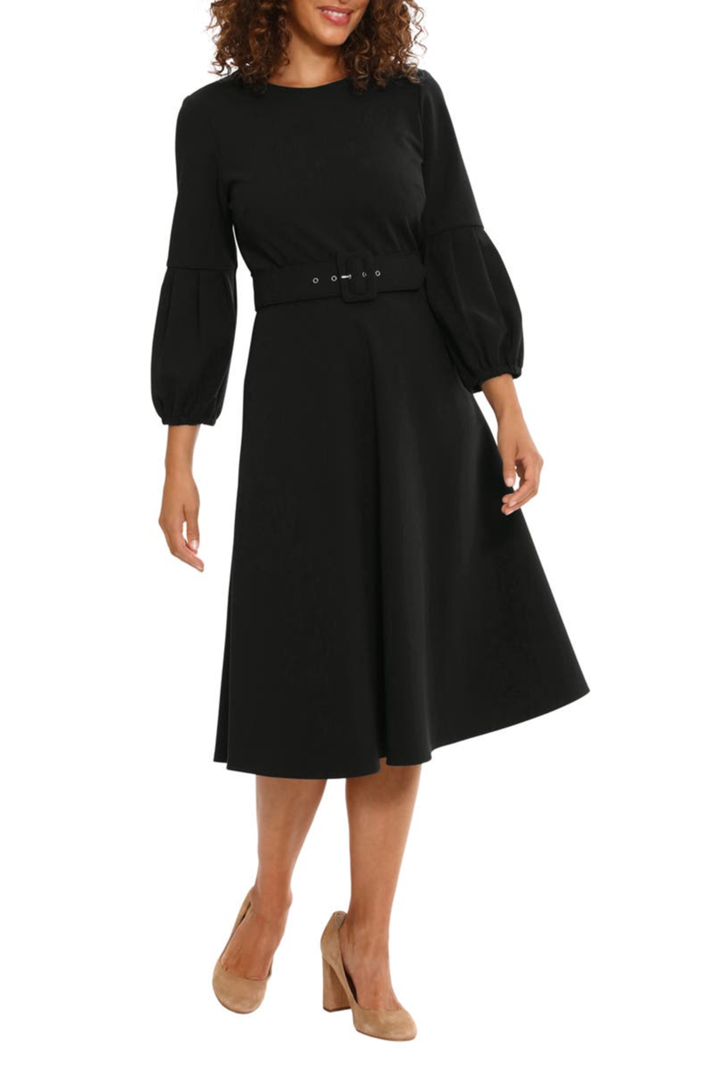 London Times T7034M 3/4 Pleated Sleeve Belted Dress with Jewel Neck, Scuba Crepe, A-Line