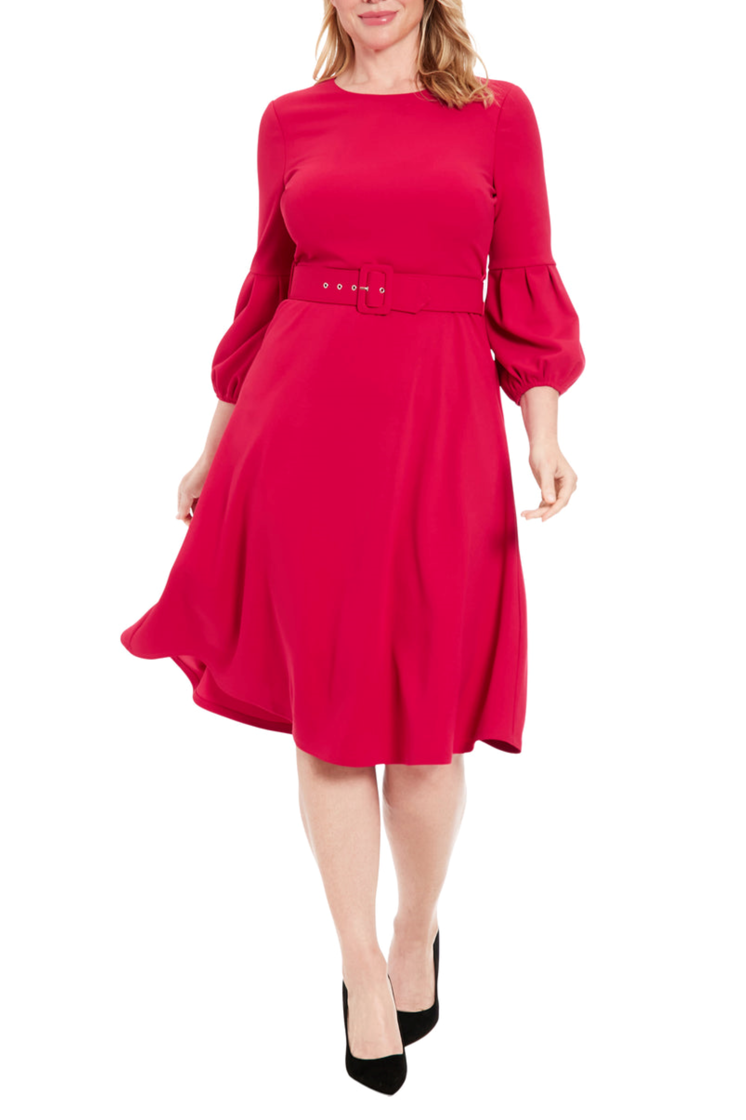 London Times T7034M 3/4 Pleated Sleeve Belted Dress with Jewel Neck, Scuba Crepe, A-Line