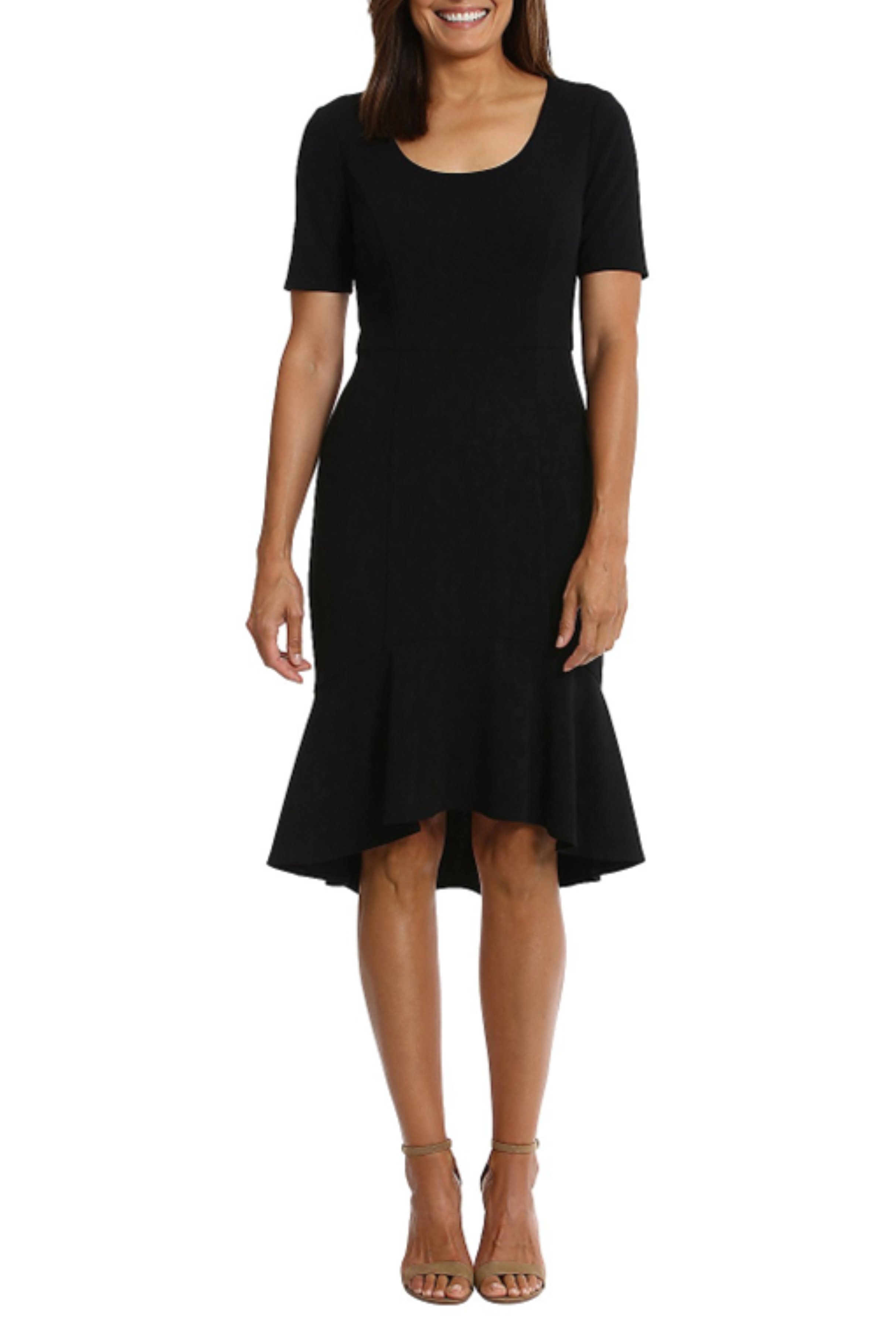 London Times T7156M Black Flounce Hem Short Sleeve Sheath Dress with Scoop Neck, Scuba Crepe