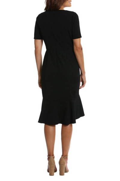 London Times T7156M Black Flounce Hem Short Sleeve Sheath Dress with Scoop Neck, Scuba Crepe