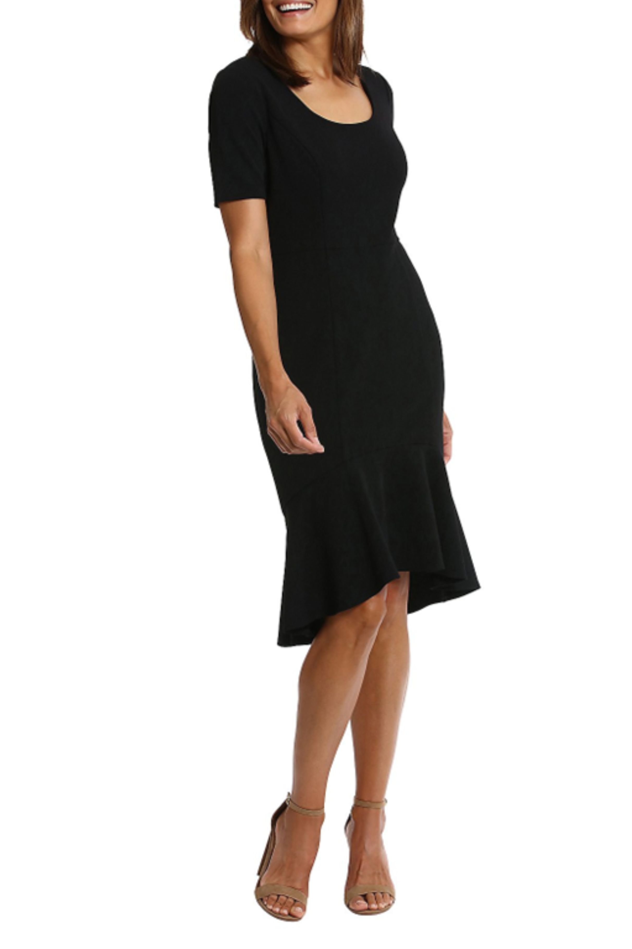 London Times T7156M Black Flounce Hem Short Sleeve Sheath Dress with Scoop Neck, Scuba Crepe