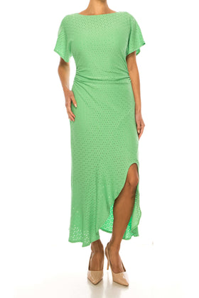 London Times T7163M Absinthe Green Flutter Sleeve Eyelet Midi Dress with Boat Neck, Jersey, Slit Detail