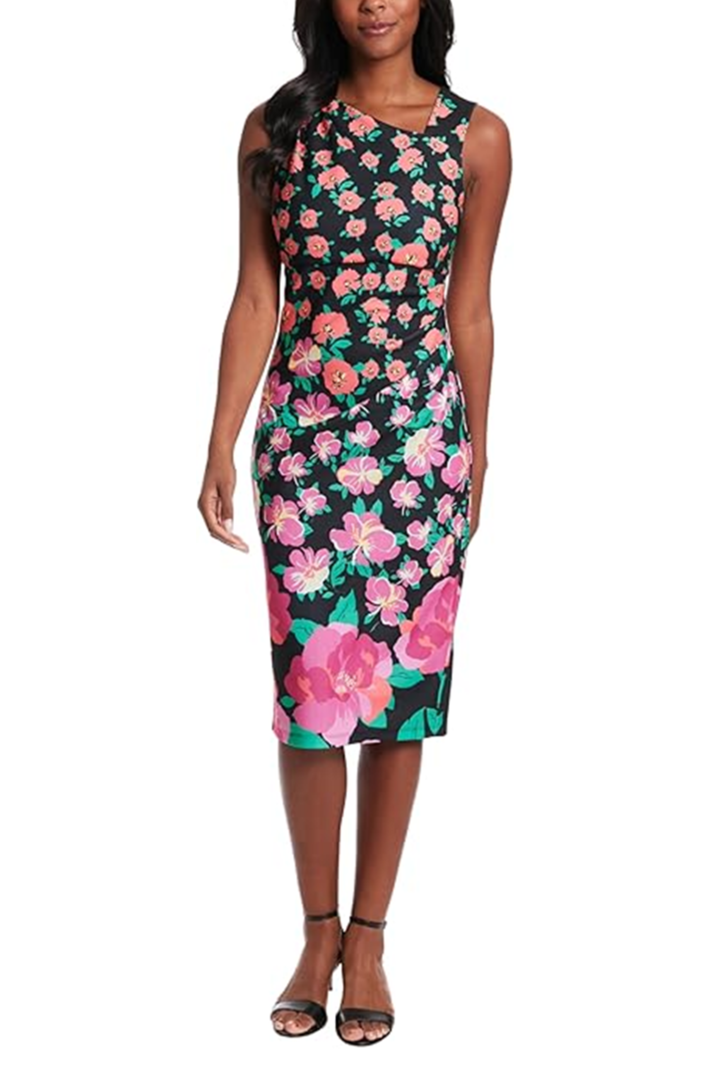 London Times T7232M Black Pink Sleeveless Asymmetrical Neck Dress with Scuba Crepe, Sheath, Slit Detail