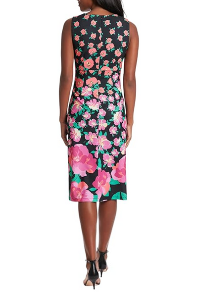 London Times T7232M Black Pink Sleeveless Asymmetrical Neck Dress with Scuba Crepe, Sheath, Slit Detail