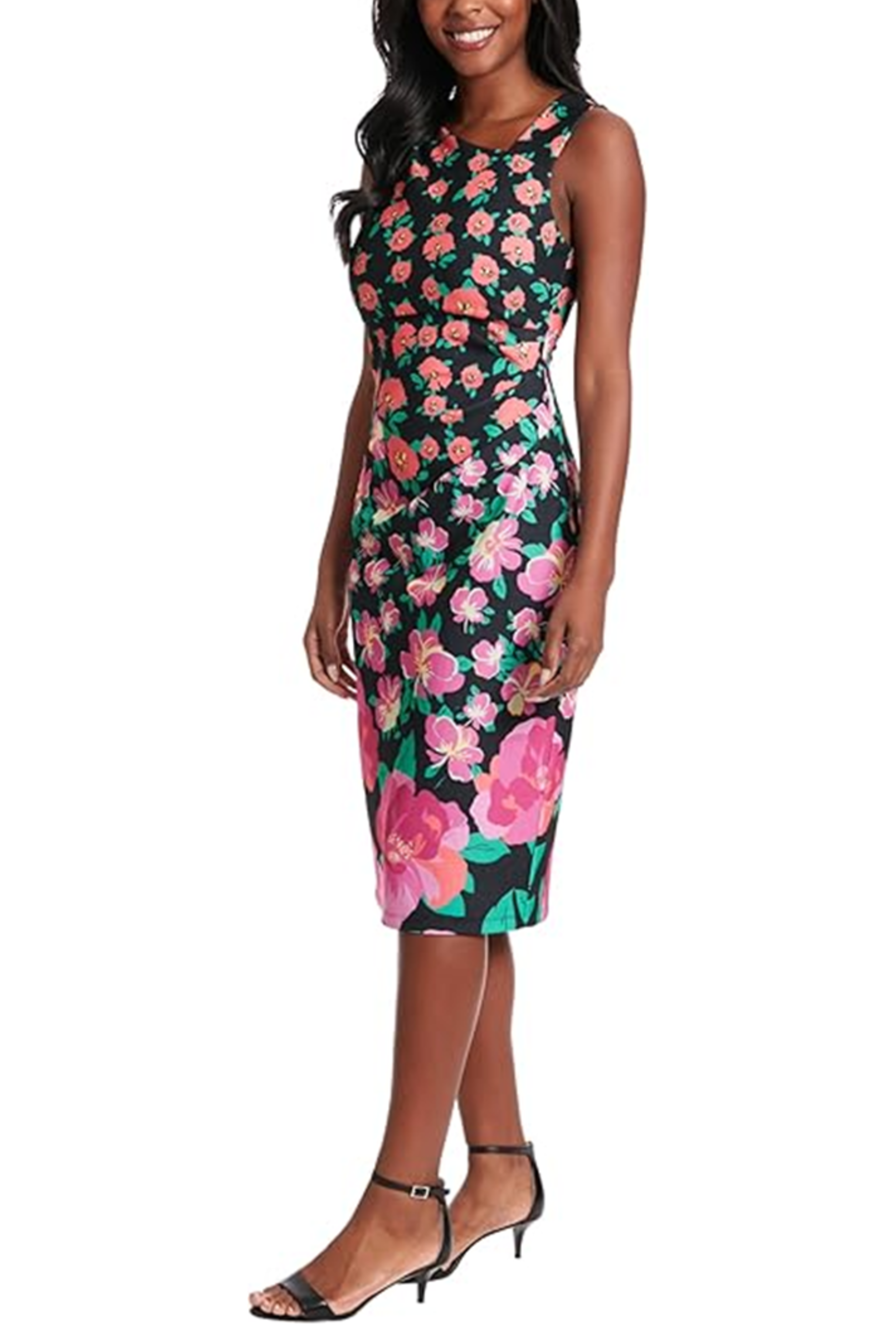 London Times T7232M Black Pink Sleeveless Asymmetrical Neck Dress with Scuba Crepe, Sheath, Slit Detail