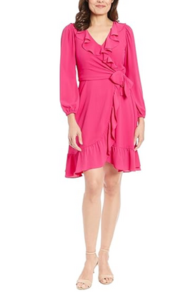 London Times T7326M Bright Pink Long Sleeve Tie Waist Ruffle Dress with Bubble Crepe, Ruffled Detail
