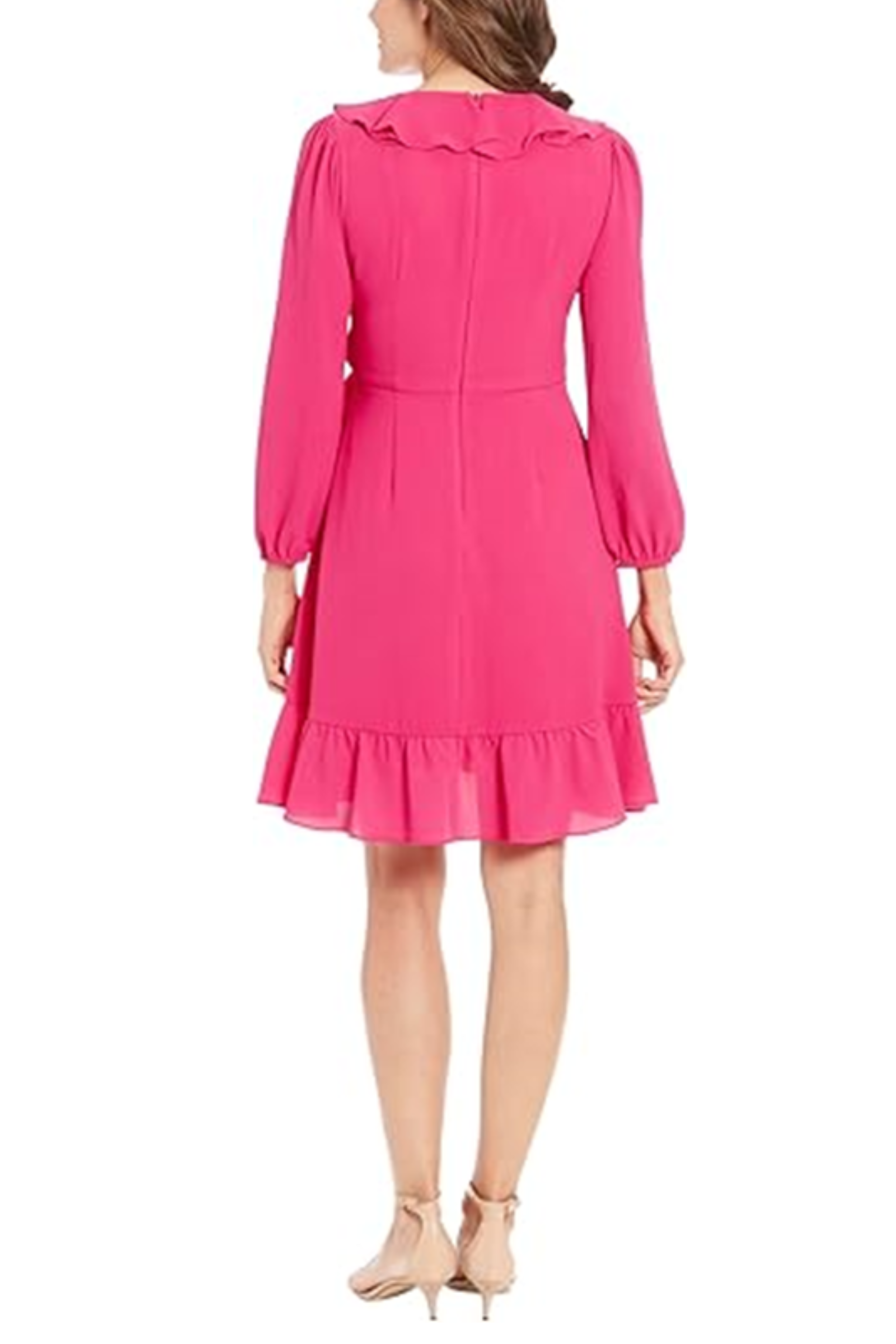 London Times T7326M Bright Pink Long Sleeve Tie Waist Ruffle Dress with Bubble Crepe, Ruffled Detail