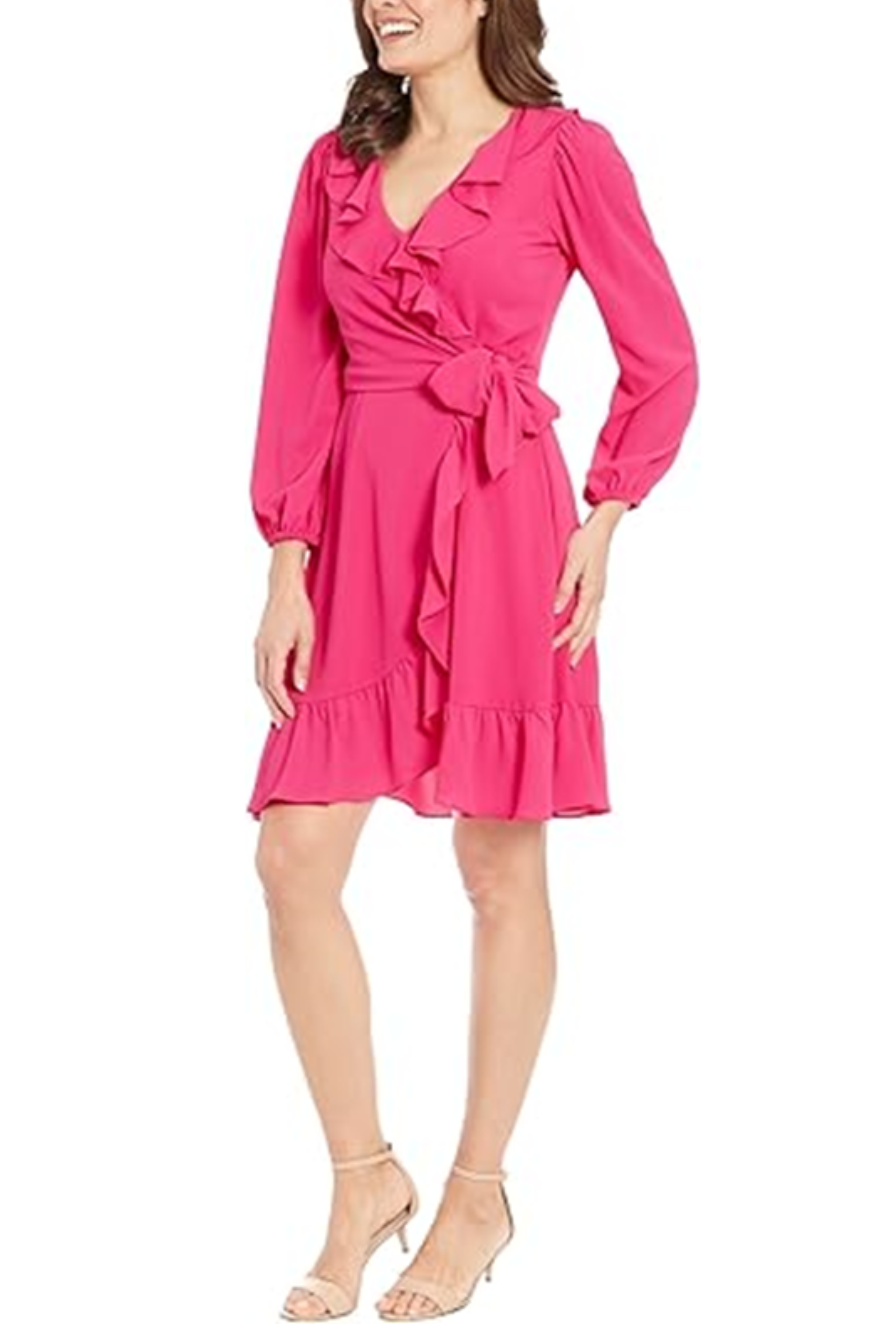 London Times T7326M Bright Pink Long Sleeve Tie Waist Ruffle Dress with Bubble Crepe, Ruffled Detail