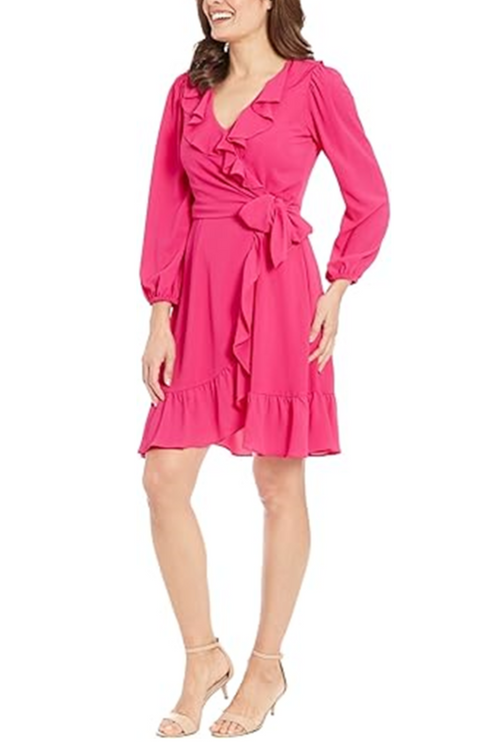 London Times T7326M Bright Pink Long Sleeve Tie Waist Ruffle Dress with Bubble Crepe, Ruffled Detail