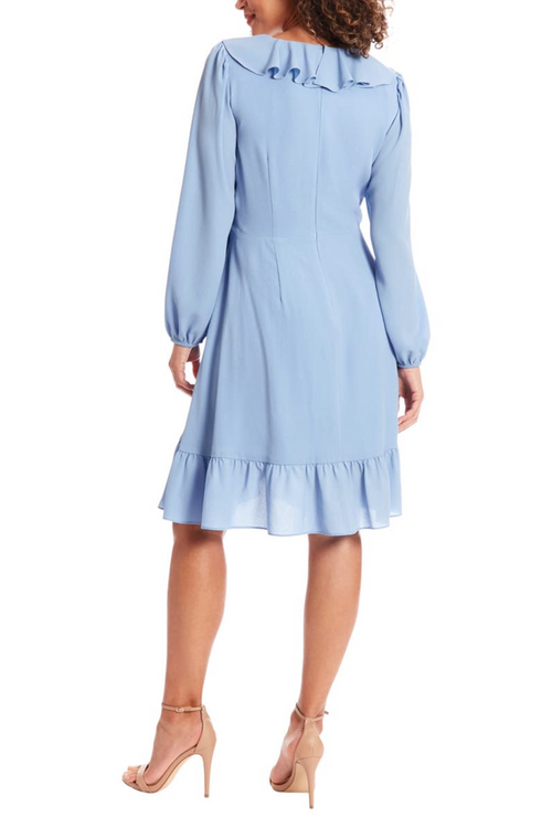 London Times T7326M Light Blue Long Sleeve Tie Waist Ruffle Dress with Bubble Crepe, Ruffled Detail