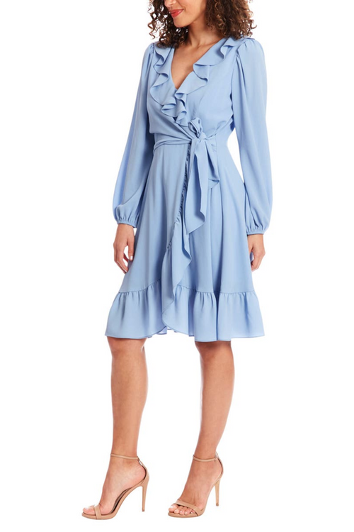 London Times T7326M Light Blue Long Sleeve Tie Waist Ruffle Dress with Bubble Crepe, Ruffled Detail