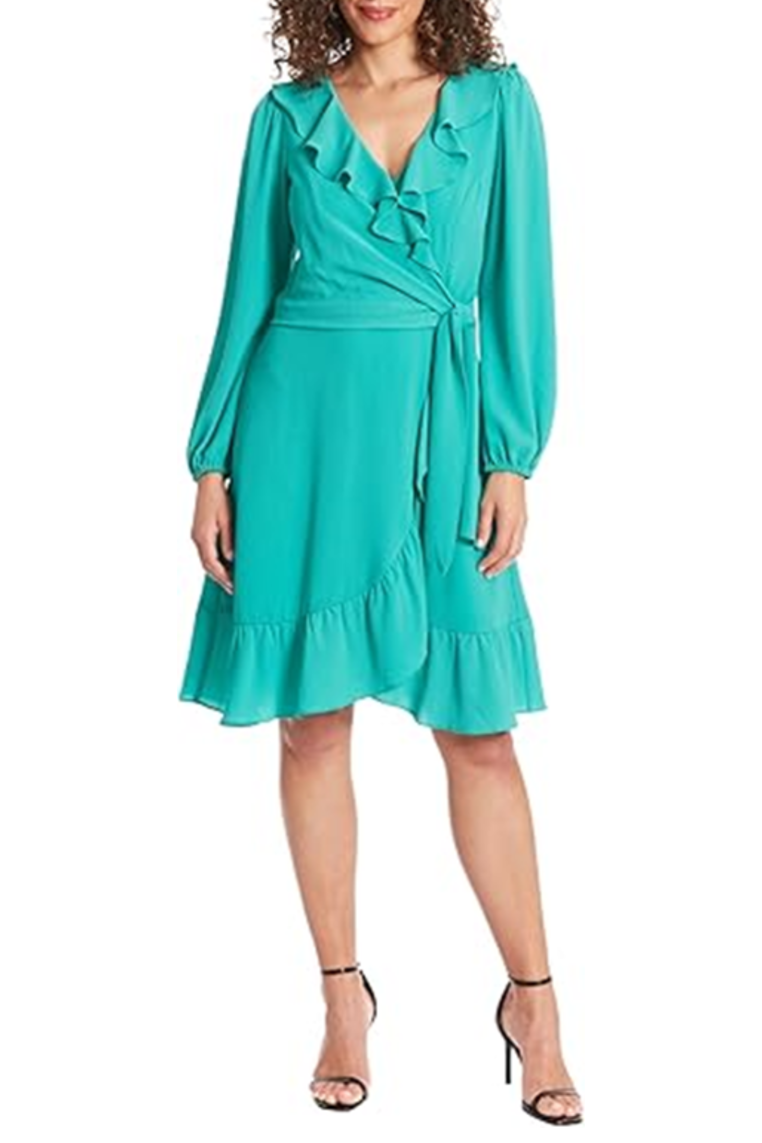 London Times T7326M Teal Green Long Sleeve Tie Waist Ruffle Dress with Bubble Crepe, Ruffled Detail